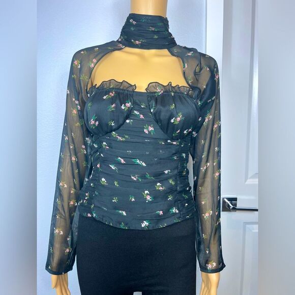 ASOS DESIGN floral high neck top with cut out neck Black Size 6 - Picture 2 of 9